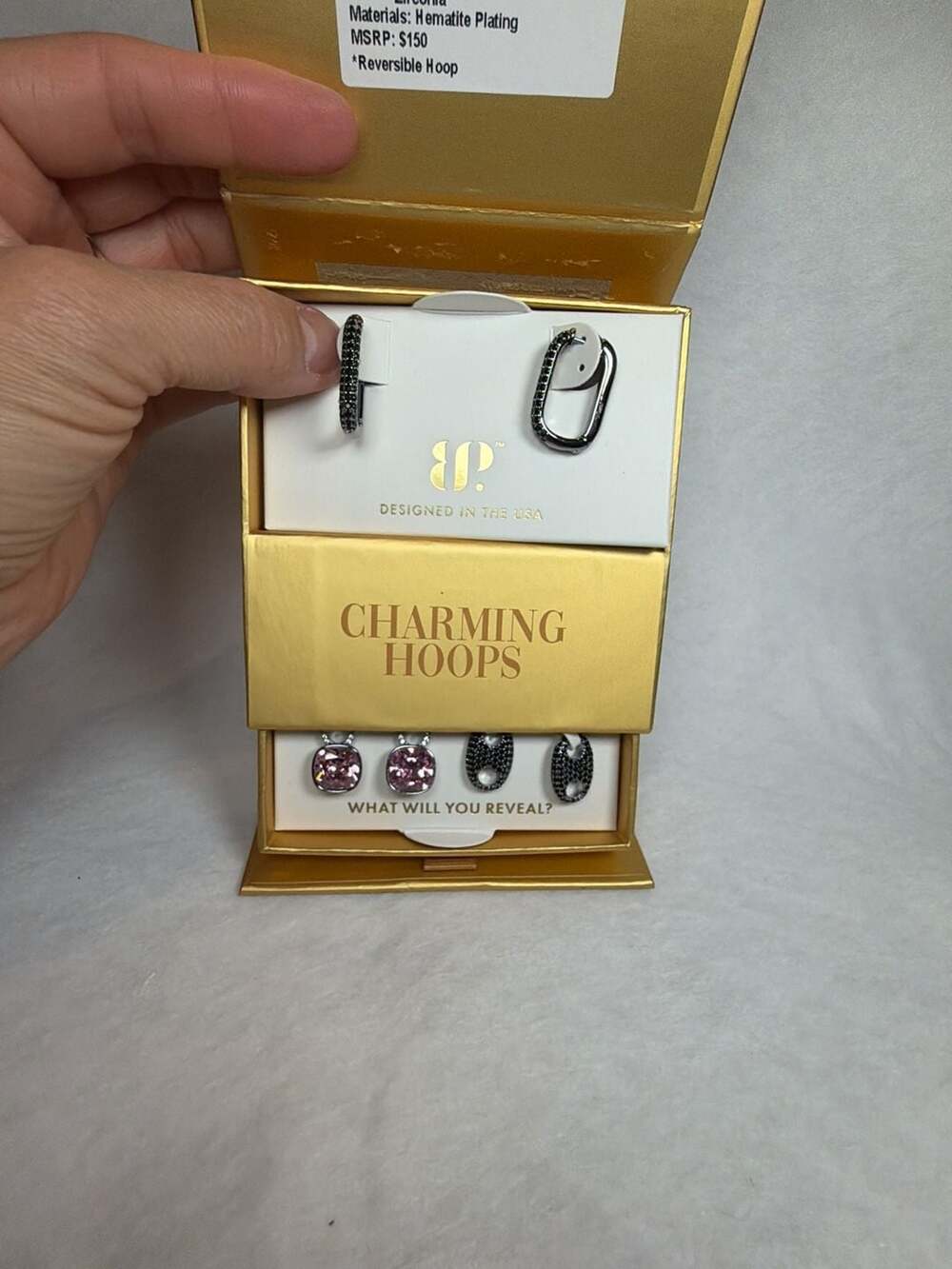BP Charming Hoops The Goal Is Joy Black Onyx & Rose Quartz CZ Hematite Pig Nose